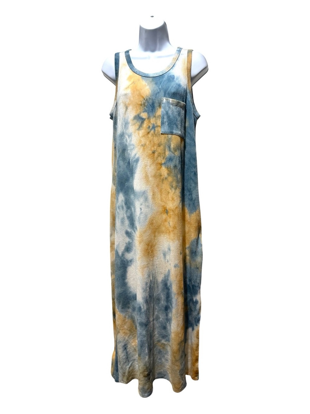 MTS Blue Camel Tie Dye Maxi Dress Sleeveless Side Slit Pocket Size M
